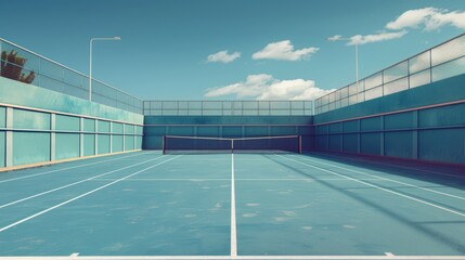 A tennis court with a blue wall and a blue net