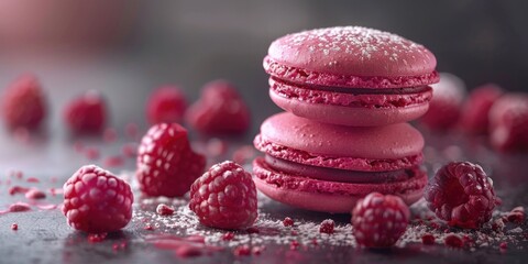 Two pink macarons with raspberries on top. The macarons are sitting on a black surface with...
