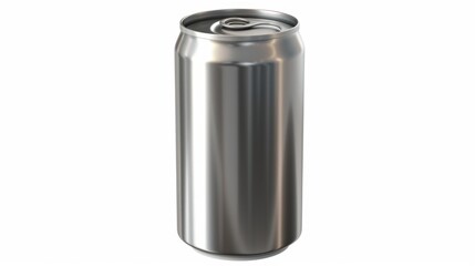 A can of soda is sitting on a white background. The can is silver and has a pull tab