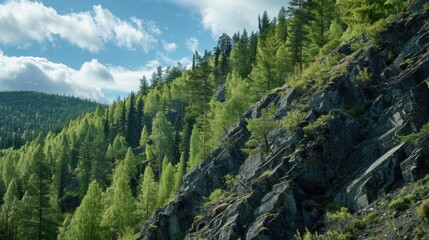 A mountain with a forest on it. The trees are green and the sky is blue