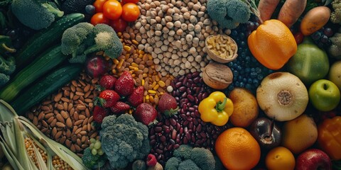 A colorful assortment of fruits and vegetables, including apples, oranges, broccoli, and carrots....