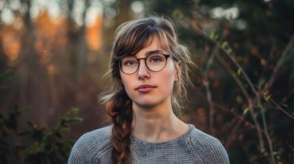 A photo of a woman with glasses and a braid, facing the camera seriously ai generative high quality image - obrazy, fototapety, plakaty