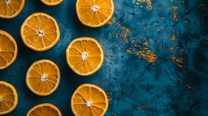 Halves of oranges on a blue background