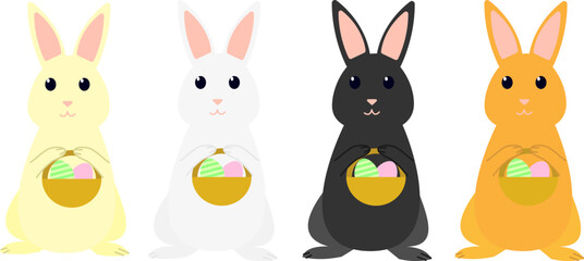 Four Easter bunnies holding baskets with eggs.