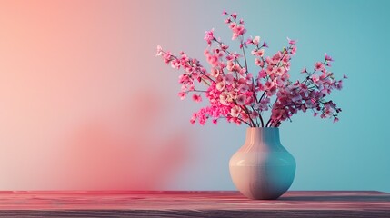 A vase filled with pink flowers sits atop a wooden table against a backdrop of blue and pink ai generated image