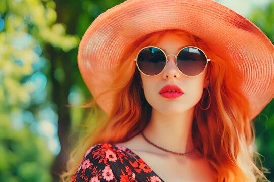 Woman in orange hat and sunglasses.
