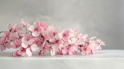 A cluster of pink blossoms sits atop a pristine white counter against a backdrop of gray