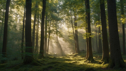 sun rays in the forest, morning in the woods, morning in the forest