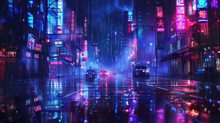 Fototapeta na wymiar Cyberpunk streets illustration, futuristic city, dystoptic artwork at night, 4k wallpaper. Rain foggy, moody empty future