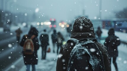 winter with people walking in snowfall