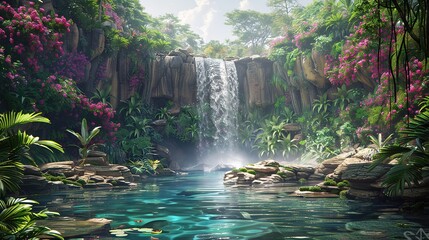 A breathtaking vertically composed image captures a hidden waterfall plunging into a serene pool within a vibrant jungle generative ai - obrazy, fototapety, plakaty