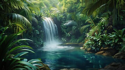 A breathtaking vertically composed image captures a hidden waterfall plunging into a serene pool within a vibrant jungle generative ai - obrazy, fototapety, plakaty