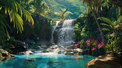 A breathtaking vertically composed image captures a hidden waterfall plunging into a serene pool within a vibrant jungle generative ai