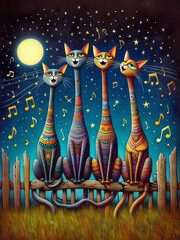 Fototapeta na wymiar Colorful cats in song under moonlight