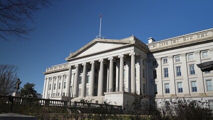 Fototapeta na wymiar Front facade of the US Treasury Department in Washington, DC.
