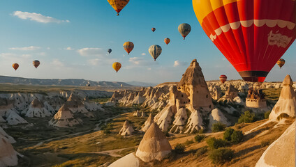 Flying balloons in Cappadocia sunlight - obrazy, fototapety, plakaty
