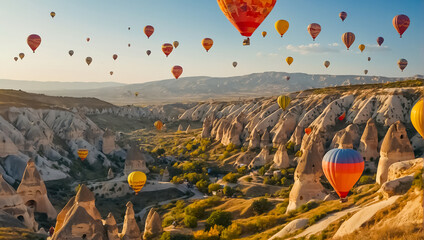 Flying balloons in Cappadocia nature - obrazy, fototapety, plakaty
