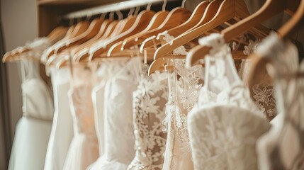 White wedding gowns hanging on hangers