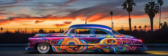 Colorful psychedelic low rider car on the road during sunset - obrazy, fototapety, plakaty