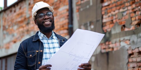 Construction foreman or architect holding blueprints outdoors - glasses and hard hat ready to construct a building
