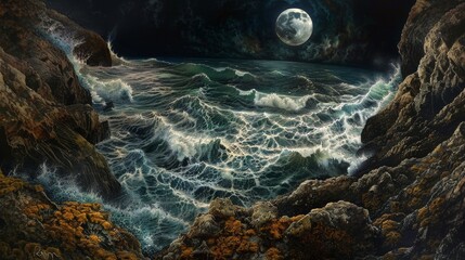 looking straight down a coastal sea cliff into a tide pool, birds eye view, oregon coast, nighttime, dark sky, full moon - obrazy, fototapety, plakaty