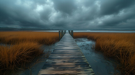 Stormy day at the beach - clouds - rain - dunes - boardwalk - walkway - ocean - sea - beach - vacation - holiday - escape  - obrazy, fototapety, plakaty