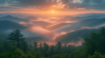 Mountain scenery - inspired by the scenery of western North Carolina - clouds - fog - orange sky  - obrazy, fototapety, plakaty