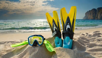 Generated image of flippers on the beach - obrazy, fototapety, plakaty