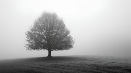 Single tree in the fog - black and white photography - moody atmosphere 