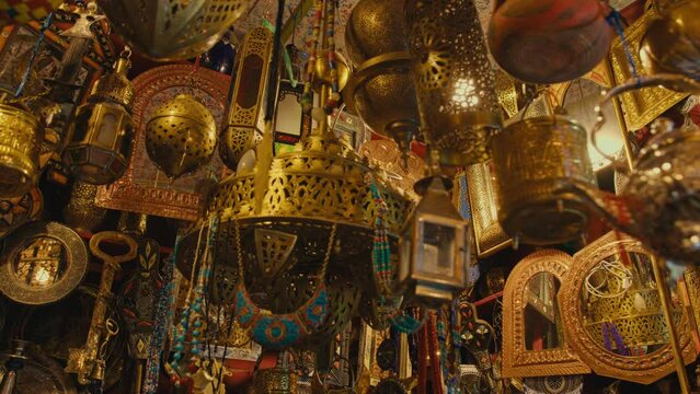 Brassware store in Morocco shining