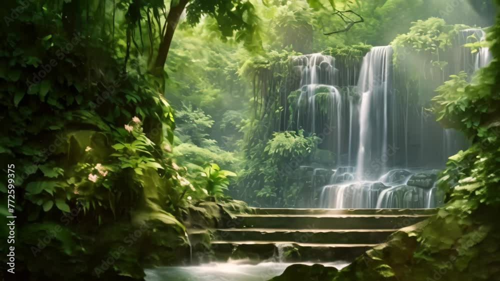 Canvas Prints Beautiful waterfall in a tropical forest. Thailand. Vintage tone, AI Generated