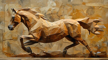 an Collage Painting artwork of a horse, a running  horse running in cut cardboard, Geometric Square Collage Painting artwork 