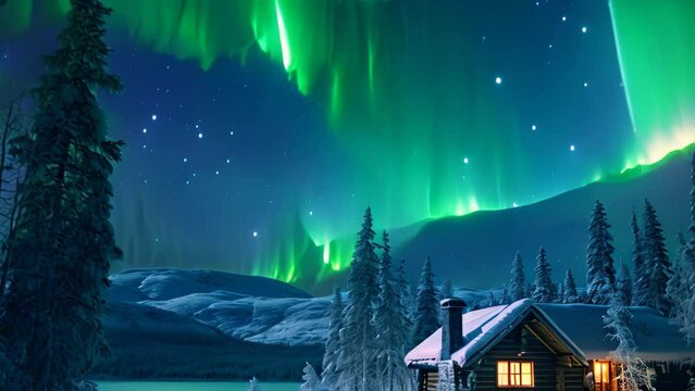 Aurora borealis northern light above house in winter forest, AI Generated
