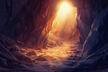 Mysterious empty cave entrance with bright light shining in, exploration and discovery concept illustration - obrazy, fototapety, plakaty