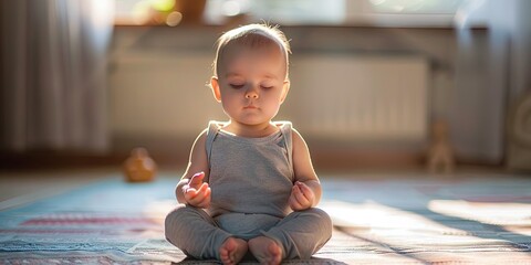 Baby meditating in yoga sitting om position - obrazy, fototapety, plakaty