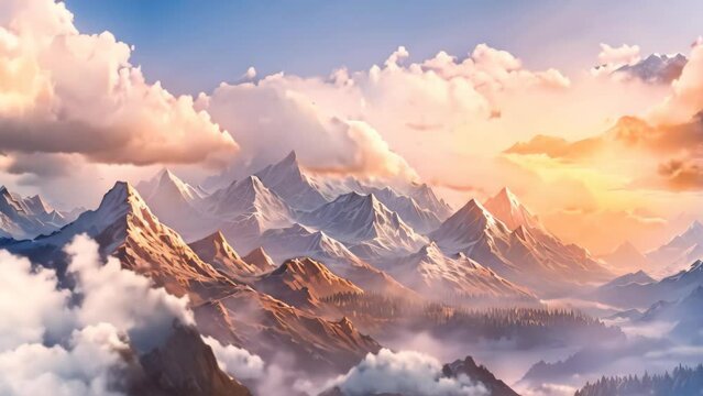 Fantasy landscape with mountain peaks in the fog at sunset. Vector illustration, AI Generated