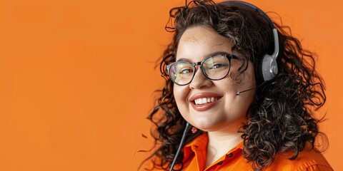 Friendly call center worker - female with headset and microphone on to take customer service calls - isolated on solid background