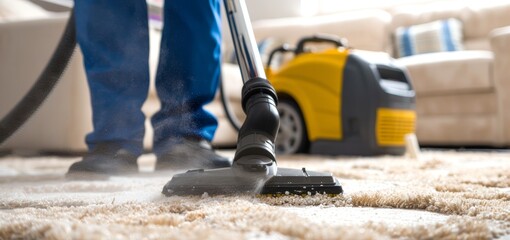 Professional cleaning service vacuuming a shag rug. Close-up of vacuum cleaner in action on white carpet. Concept of home cleaning, maintenance, janitorial work, and housekeeping service.