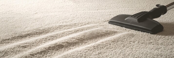 Vacuum cleaner in use on a white fluffy carpet. Thorough rug cleaning. Vacuuming. Concept of household chores, home hygiene, carpet grooming, and professional cleaning service. Banner. Copy space - obrazy, fototapety, plakaty