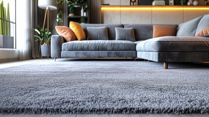 Contemporary living room with plush grey carpet and stylish grey sofa accented with colorful pillows. Interior design detail showcasing modern home decor and comfortable living space