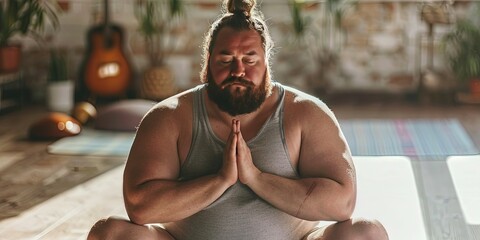 Overweight man meditating - obrazy, fototapety, plakaty