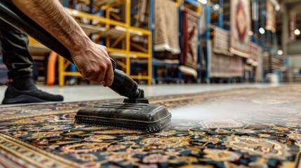 Vacuum cleaner head cleaning a oriental rug. Precise rug maintenance in a carpet cleaning service. Concept of traditional craft preservation, detailed cleaning, and carpet care.
