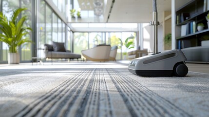 Vacuum cleaner on the patterned grey carpet in a cozy living room interior. Rug vacuuming. Concept of home care, cleanliness, home cleaning, daily chores, and domestic equipment. Copy space - obrazy, fototapety, plakaty