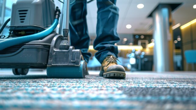 Professional cleaning with a powerful vacuum cleaner on a textured carpet. Close-up of vacuuming action. Concept of commercial cleaning, detailed rug care, and professional janitorial services.