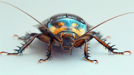 Portrait of a cockroach with detailed textures. Close-up showcasing intricate patterns. Concept of macro photography, entomology, and insect features.