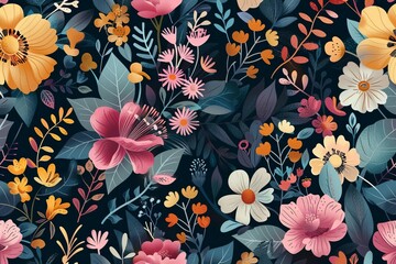 Modern seamless floral pattern with vibrant colors on dark background, vector illustration - obrazy, fototapety, plakaty