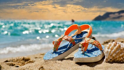 Generated image of summer shoes on the beach - obrazy, fototapety, plakaty