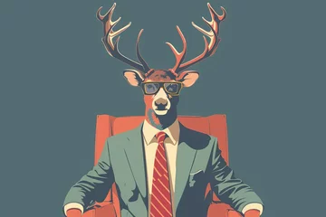 Tuinposter Modern reindeer in business attire and sunglasses, sitting confidently in chair, creative Christmas concept illustration © Lucija