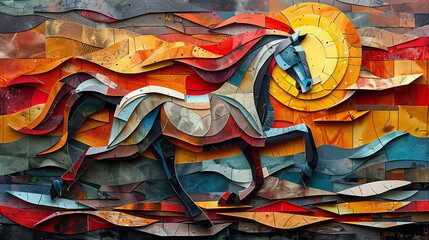 an Collage Painting artwork of a horse, a running  horse running in cut cardboard, Geometric Square Collage Painting artwork 