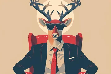 Tuinposter Modern reindeer in business attire and sunglasses, sitting confidently in chair, creative Christmas concept illustration © Lucija